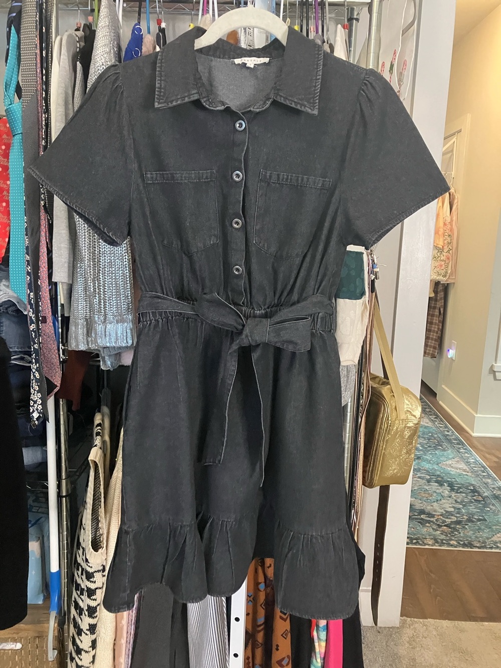 Washed Black Tie-Waist Short Sleeve Mini Dress